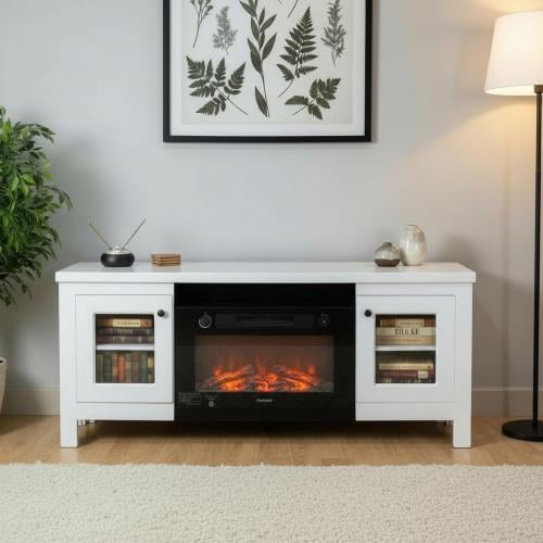 طاولة تلفزيون مع مدفأة ديكور كهربائية وخزائن زجاجي...