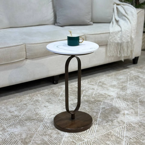 طاولة خدمة جانبية بسطح بنمط رخامي وحامل معدني بيضا...