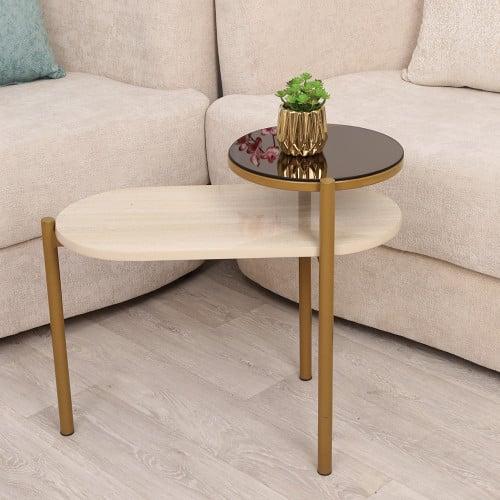 طاولة خدمة بمستويين سطح بيضاوي خشبي وعلوي زجاجي مع...