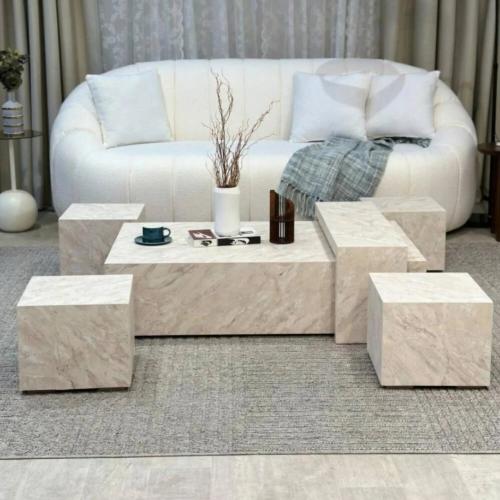 طقم طاولات ضيافة أرضية 5 قطع بديل الرخام البيج بتص...