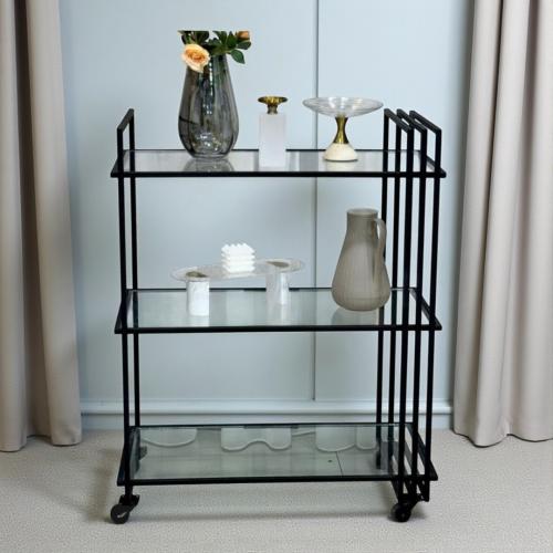 عربة ضيافة (ترولي) معدنية سوداء 3 أدوار زجاج بتصمي...