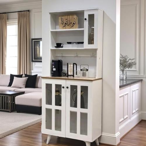 ركن قهوة وبوفيه أبيض طويل بتصميم عمودي وأبواب زجاج...