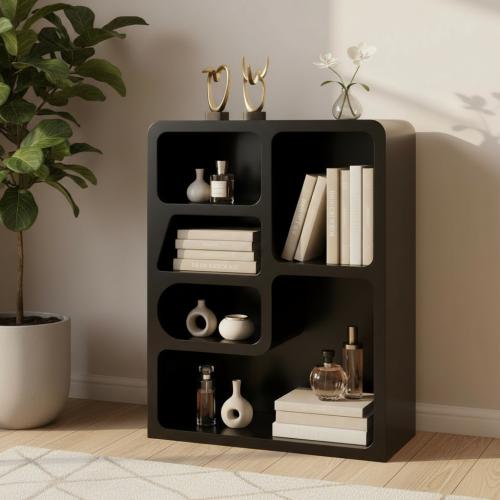 وحدة رفوف كتب وتحف سوداء بتصميم مودرن وتقسيمات غير...
