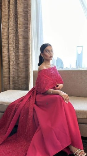 فستان فوشي سهرة باكتاف مطرزه