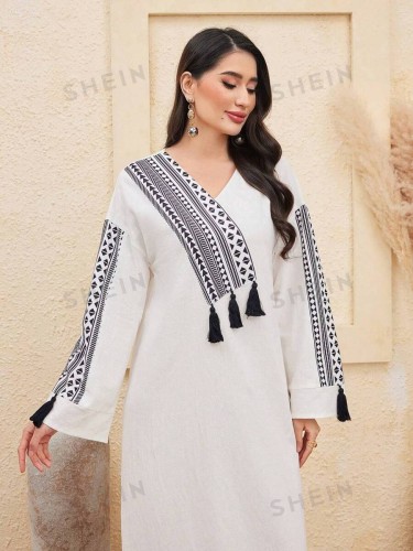 SHEIN Najma فستان نسائي عربي بطية هندسية مزين بالخ...