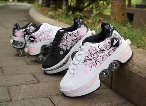 حذاء تزلج بعجلات قابلة للتعديل (ابيض،اسود)