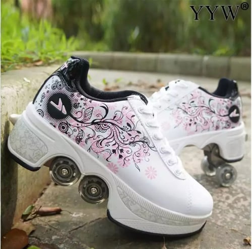 حذاء تزلج بعجلات قابلة للتعديل (ابيض،اسود)
