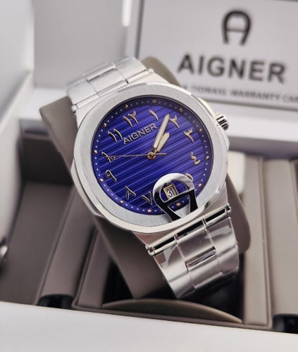 ساعة ايجنر أرقام عربية سير فضي مينا ازرق وذهبي