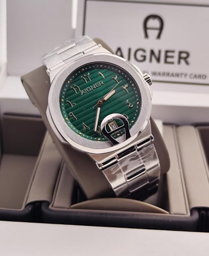 ساعة ايجنر أرقام عربية سير فضي مينا اخضر