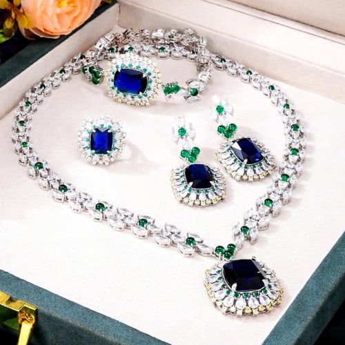 طقم فضي حجر كحلي