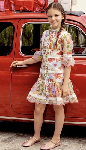 فستان مارلو مزين بالزهر البارز مع أكمام طويله