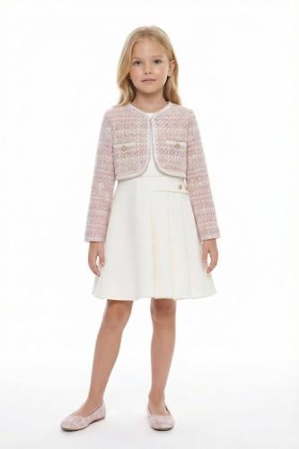 فستان ابيض + جاكيت وردي من ٣ ل ٧ سنوات