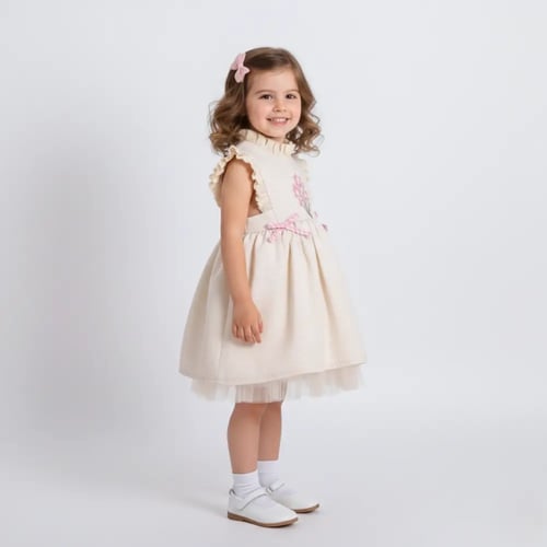 فستان بيج ناعم بتطريز وردي