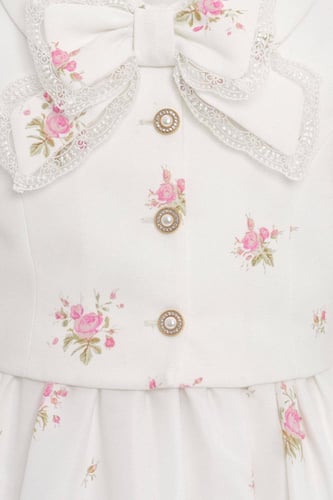 فستان ابيض مورد + جاكيت من ٣ ل ٧ سنوات