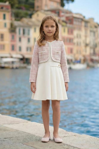 فستان ابيض + جاكيت وردي من ٣ ل ٧ سنوات