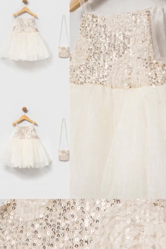 فستان التل باللون والابيض والترتر الناعم