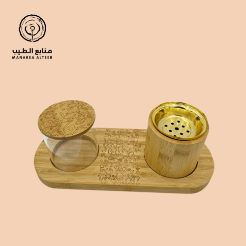صحن خشبي ب مبخرة وعلبة زجاجية