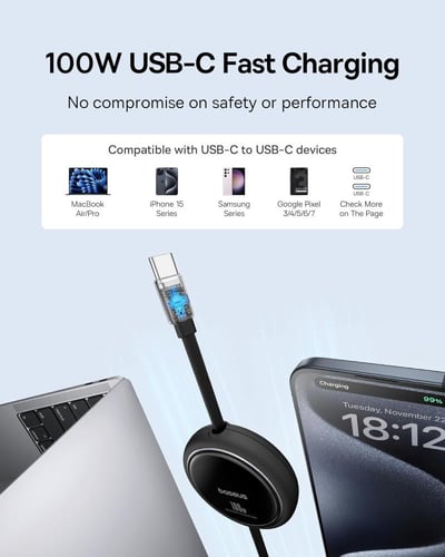 كابل USB C من Baseus، كابل شحن سريع صغير 100 وات ق...