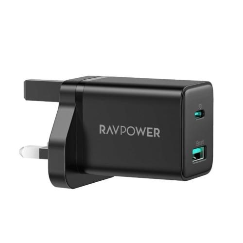 شاحن جداري اسود 20W منفذين USB + PD من راف باور اس...