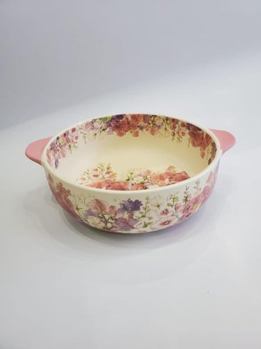 طبق تقديم عميق بورسلان بنقوش زهرية مع مقابض جانبية