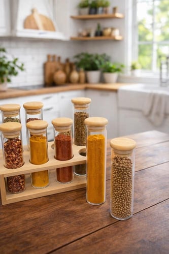طقم علب بهارات زجاج مع حامل خشبي