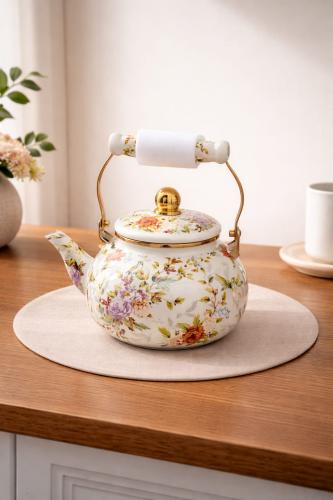 إبريق شاي مينا فاخر بنقوش زهور وطيور مع مقبض علوي...