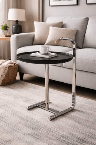 طاولة خدمة جانبية مودرن بسطح دائري أسود وقاعدة معد...