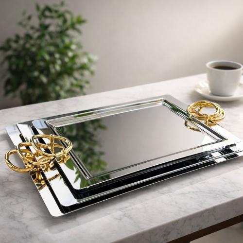 طقم صواني تقديم مرايا فاخر بمقابض ذهبية