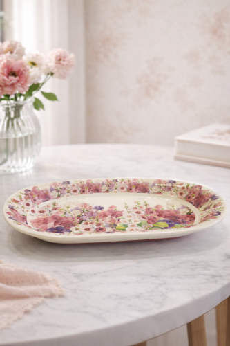 طبق تقديم بيضاوي مسطح بنقوش زهرية فاخرة