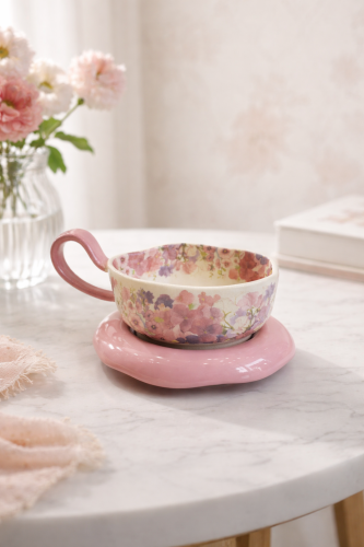 فنجان شاي بورسلان بنقوش زهرية مع صحن وردي فاخر