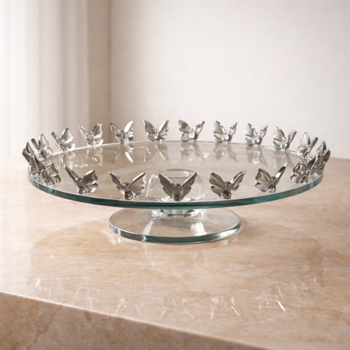 صحن تقديم زجاج فاخر بتفاصيل فراشات فضية