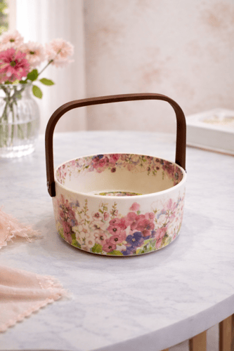 سلة تقديم بورسلان بنقوش زهرية مع مقبض خشبي أنيق