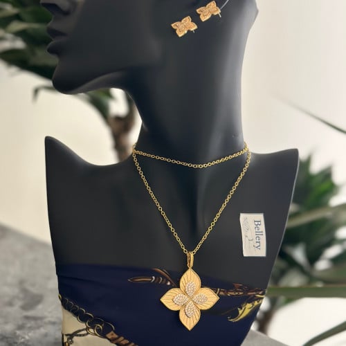 سلسال طويل ذهبي وردة مع حلق