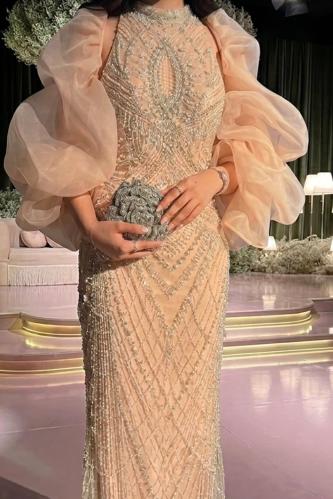 Elegant evening dress embroidered + stylish scarf