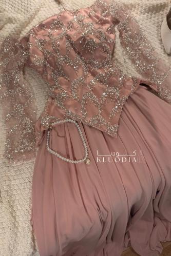 فستان سهره مطرز بأكمام + شيفون
