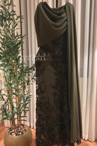 فستان ساتر لون زيتي بشال منسدل