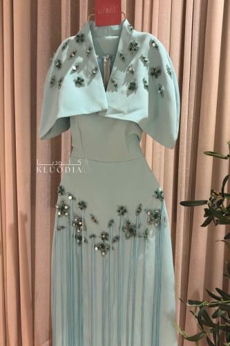 فستان مناسبات انيق مزين بفصوص + قطعه منفله