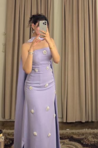 فستان مناسبات طويل موف+شال منفصل