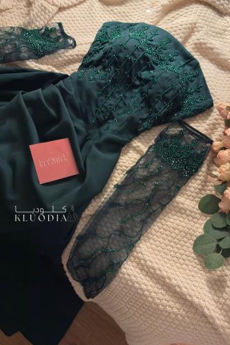 فستان زيتي سهره مطرز ب اكمام منفصله