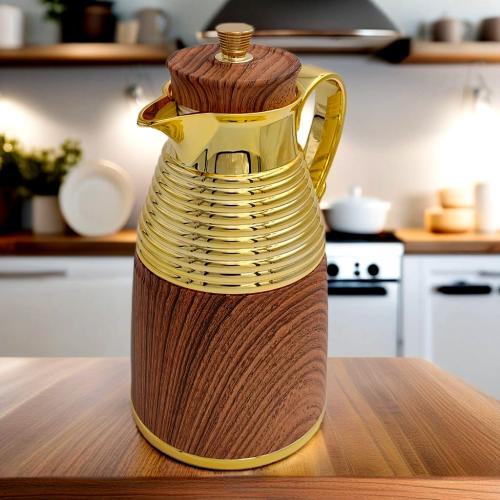 ترمس شاي وقهوة 1 لتر خشبي مع ذهبي أنيق