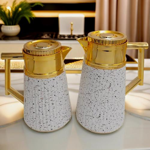 طقم ترامس شاي وقهوة 0.7/1.0 لتر ابيض جرانيت مع ذهب...