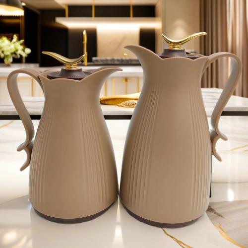 طقم ترامس شاي وقهوة 0.5/1.0 لتر بيج غامق مع بني وذ...