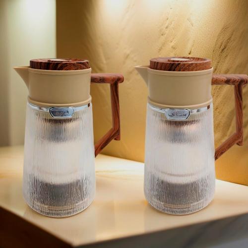 طقم ترامس شاي وقهوة 1 لتر خشبي وبيج مع كريستال مثل...