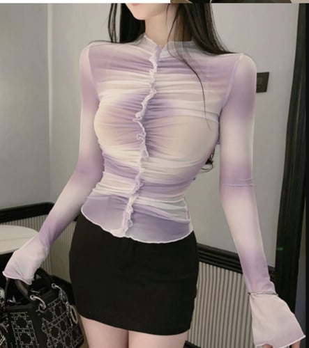 بلوزه شيفون ضيقه ارجوانية مزهره اكمام طويلة