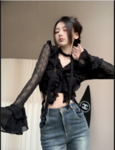 بلوزه شيفون موديل فرنسي مقصوصة رفيعة شبكي مكشكشه ا...