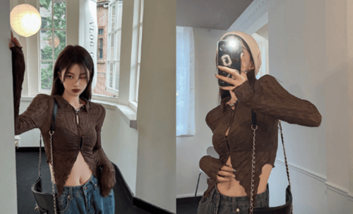 بلوزه سبايس اكمام طويلة بقصة ضيقة مجوفة الجوانب