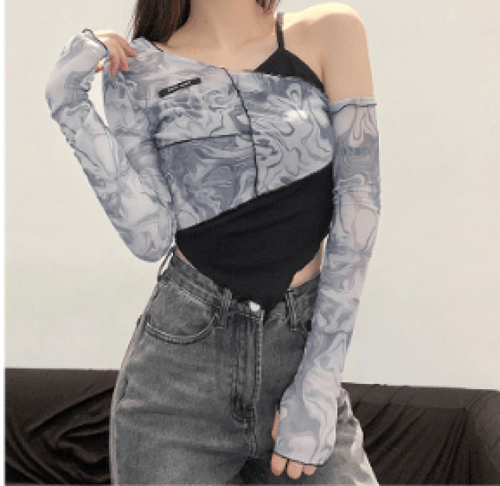 بلوزه قصيرة سبايس قطعتين اكمام طويلة مائلة الاكتاف