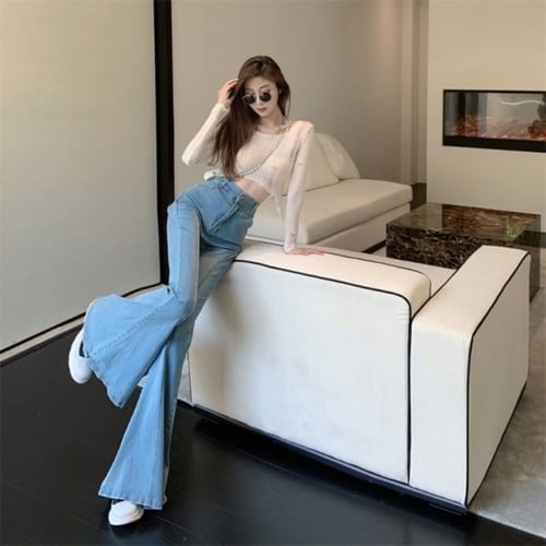 بنطلون جينز ضيق عالي الخصر بحافة خام فاتحه واسع ال...