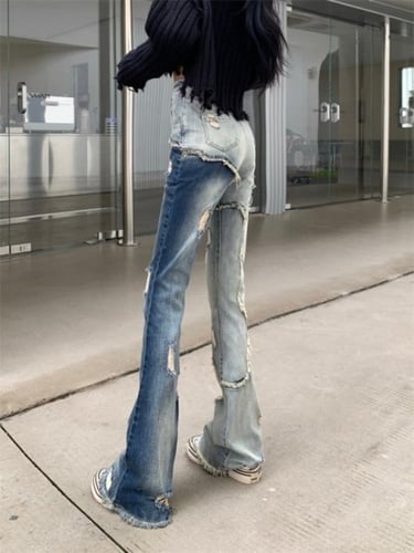 بنطلون جينز ضيق ممزق عالي الخصر بالوان متباينة