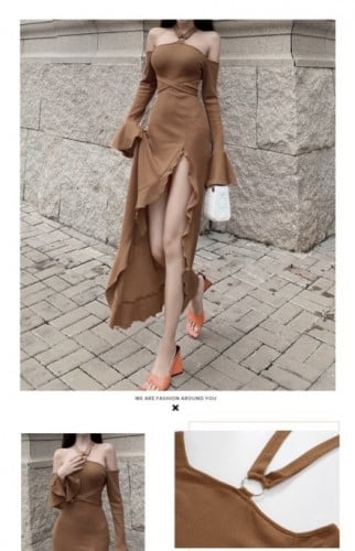 فستان قطني مع بلوسترموديل فرنسي بأكمام طويلة بفتحة...